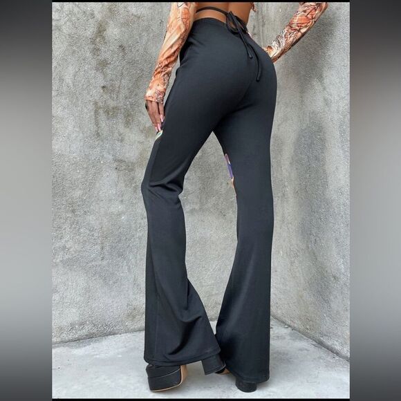 90s Low Rise Handprint Print Crisscross Tie Back Flare Leg Pants Size Medium - Picture 5 of 11